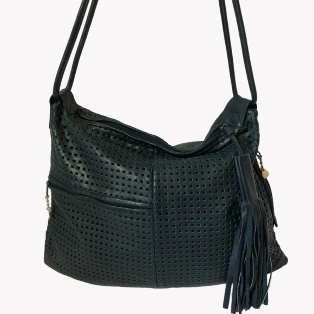 Brio Navy Perforated Leather Large Shoulder Bag